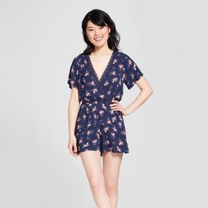 Xhilaration Navy Floral Deep V Romper
